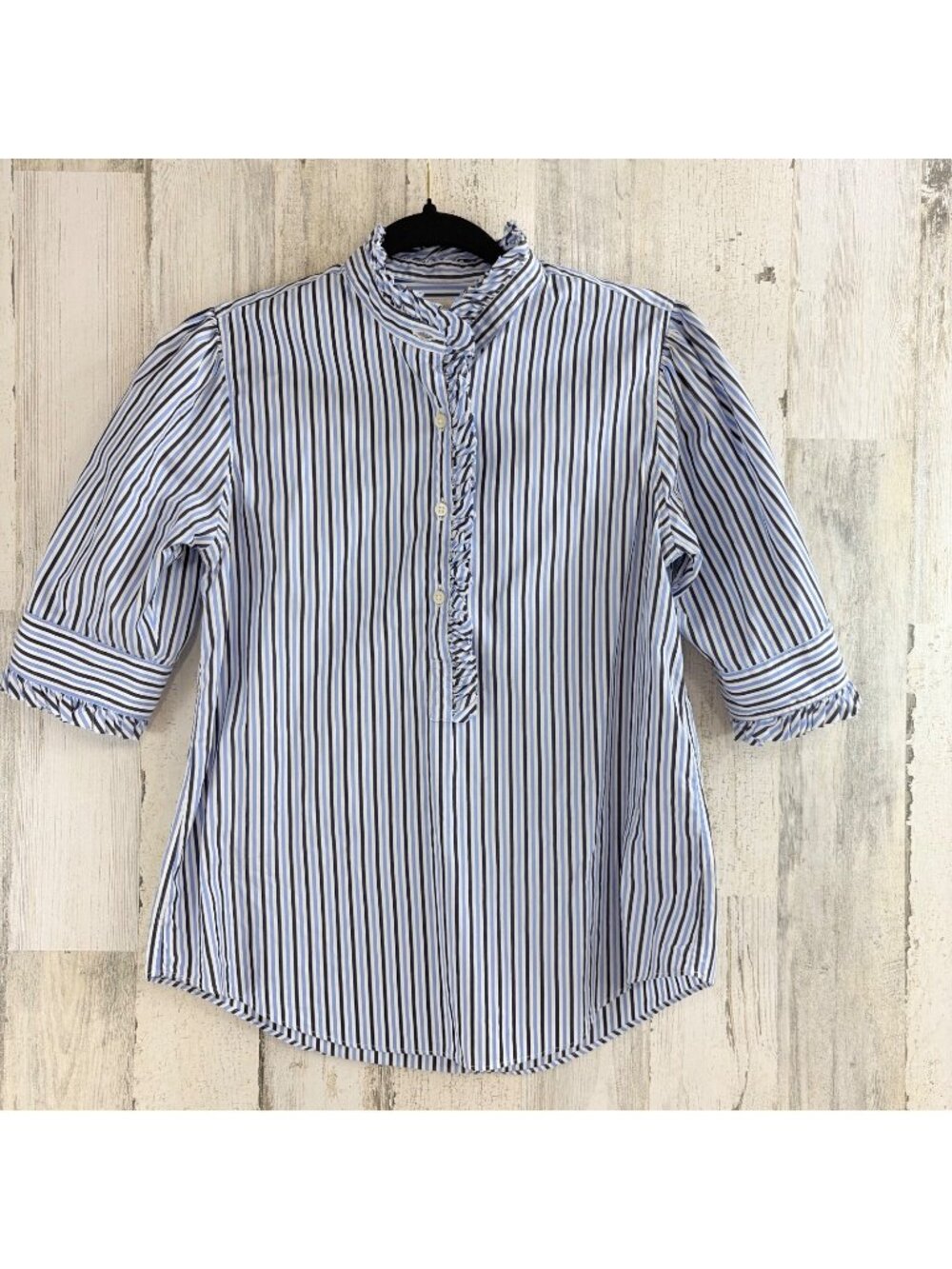 Ann Mashburn Elbow Sleeve Frill Shirt S Blue Striped Popover Button Down EUC